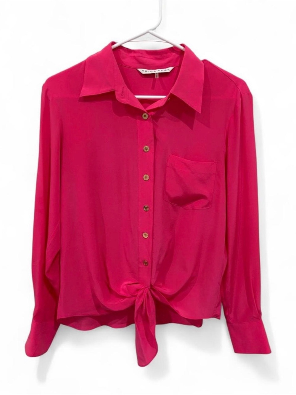 NWOT Trina Turk Hot Pink Silk Tie Front Button Down Long Sleeve Blouse Small